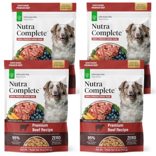 ULTIMATE PET NUTRITION Nutra Complete, 100% Freeze Dried Veterinarian Formulated Raw Dog Food with Antioxidants Prebiotics and Amino Acids, (1 Pound (Pack of 4), Beef)