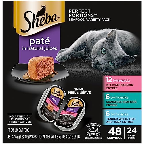 Sheba Perfect Portions Wet Cat Food Pate with Sustainable Salmon, Signature Seafood Entree, and Tender White Fish and Tuna Entree Variety Pack, 2.6 oz. Twin Pack Trays (24 Count, 48 Servings)