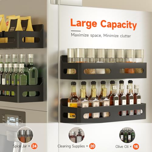 Sevenblue 4 Pack Strong Magnetic Spice Rack for Refrigerator, Multipurpose Magnetic Shelf for Fridge with 4 Hooks for Kitchen and Bathroom Organization, Black
