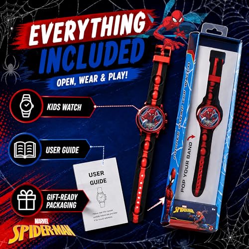Accutime Marvel Spiderman Kids Digital LCD Wrist-Watch with Red, Green, and Yellow LED Light Show and Popper Strap for Boys, Girls, and Toddlers - Perfect for Learning Time and Fun