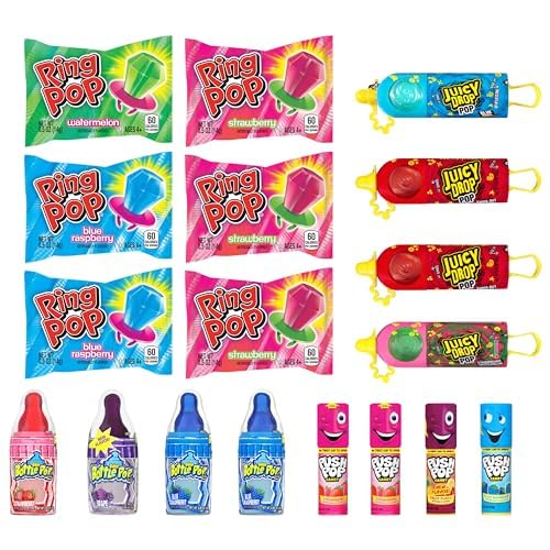 Candy Variety Pack, 18Ct Assorted Valentine's Candy Lollipops, Bulk Individually Wrapped Ring Pop, Push Pop, Baby Bottle Pop & Juicy Drop, Birthday Party Favors, Valentine's Gifts, Kids Goodie Bags