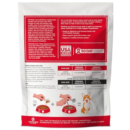 Dinovite Probiotics for Large Dogs, Probiotic Food Topper, 90 Servings | Probiotic Powder Food Topper, Omega-3 Fatty Acids, Digestive Health Support, Skin & Coat Health, For Large Dogs 45+ lb
