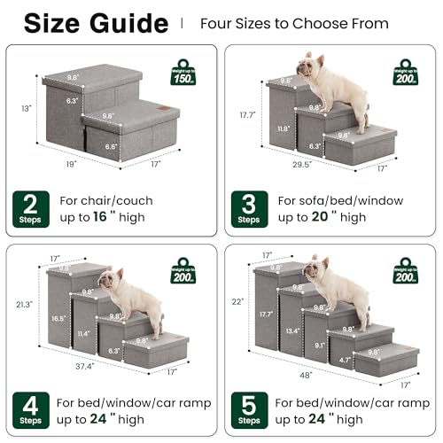 Love's cabin Dog Stairs for High Bed 18" H, Foldable Pet Stairs for Small Medium or Large Dogs Puppy with Storage for Bed or Couch, Cat Dog Steps Ramp with Zip up to 200 lbs, Solid Grey, 3 Steps