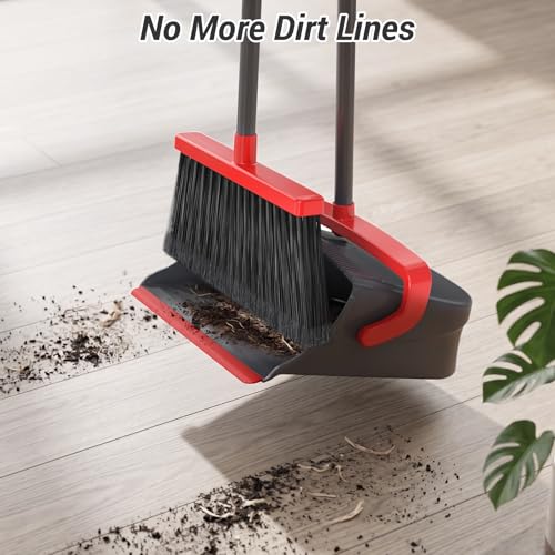 Broom with Dustpan Combo Set, Long Handle Upright Standing Self-Cleaning Broom and Dustpan Set for Pet Hair & Dust Cleanup, Indoor Outdoor Use for Home, Kitchen, Office, Red & Gray