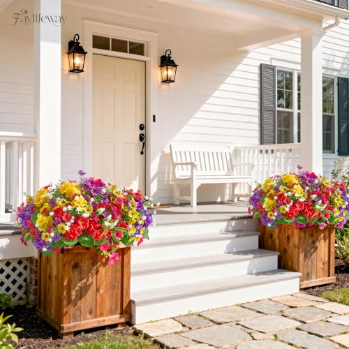 16 Bundles UV Resistant Silk Artificial Outdoor Flowers for Window Box | Mixed Color Realistic Anti-Fade Faux Flowers for Outside Planters,Garden,Porch,Patio,Yard,Home Decor(Purple&Hot Pink)