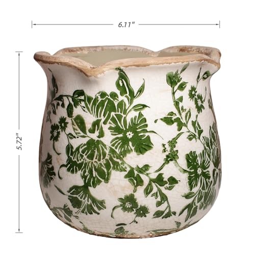 Xiaan Jiaju Tuscan Ceramic Plant Pots, Vintage Planter & Vase with Drainage | 6.11" Decorative Vases and Flower Pots for Indoor Plants, Farmhouse Home Kitchen Garden Decor, Plant Lover Gifts, Green