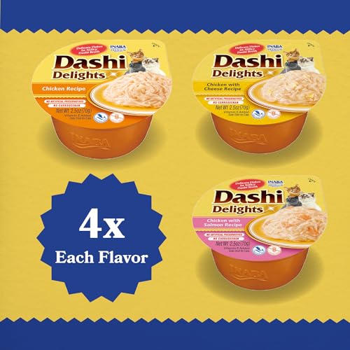 INABA Dashi Delights for Cats, Shredded Chicken Side Dish with Bonito Flake Broth, Cat Food Complement with Taurine & Green Tea Extract, 2.5 Ounce Cup, 12 Cups Total, Chicken Variety