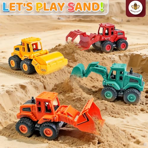Beestech Construction Toys for 3 Years Old Boys Girls Kids, Friction Powered Construction Truck Toys Vehicles Sand Toys Trucks Excavator, Bulldozer, Road Roller (Colorful 4 Pack)