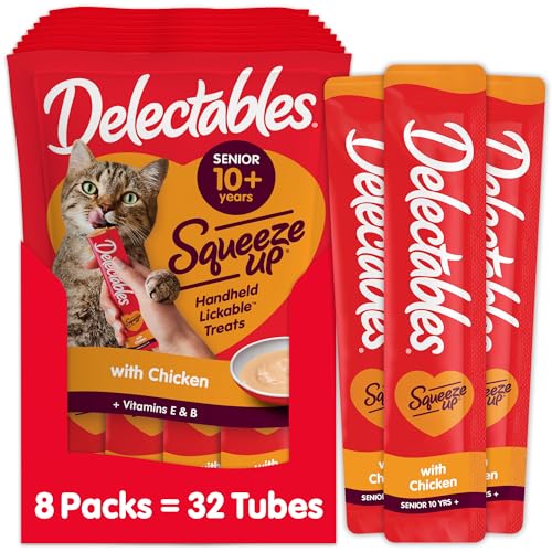 Delectables Squeeze Up Creamy Squeezable Puree, Lickable Wet Cat Treats, Grain Free, No Added Fillers, No By-Products, No Added Preservatives, 0.5 Ounces Senior Chicken, 32 Tubes Total