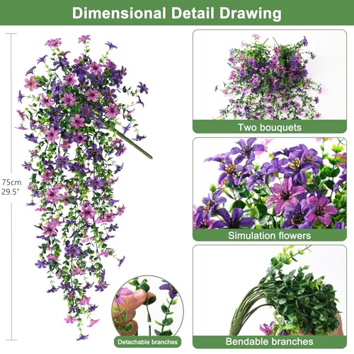 INQCMY Artificial Fake Hanging Flowers Plants for Outdoor Summer Decoration | 2 PCS Faux Silk Daisy with Eucalyptus Leaves,UV Resistant Look Real for Outside Home Planter Porch Patio Balcony Yard Decor