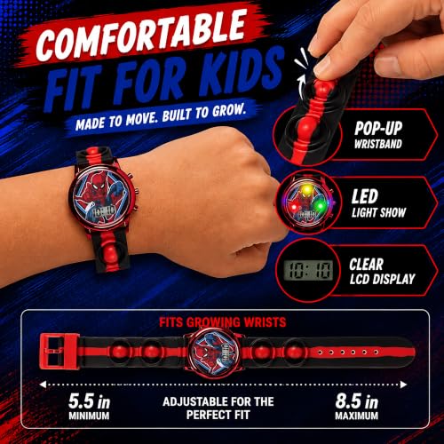 Accutime Marvel Spiderman Kids Digital LCD Wrist-Watch with Red, Green, and Yellow LED Light Show and Popper Strap for Boys, Girls, and Toddlers - Perfect for Learning Time and Fun