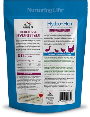 Manna Pro Hydro-Hen Poultry Electrolyte & Probiotic Supplement, Hydration Support for Chickens, Ducks, Turkeys & Waterfowl, 20 oz