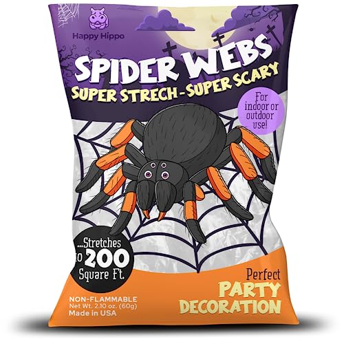 Happy Hippo Halloween Spider Web Decoration, 200 Sqare Feet & Plastic Spiders, Halloween Party Supplies, Spider Webs (Small, 200 Sq Feet) (8 Fake Spiders Included)