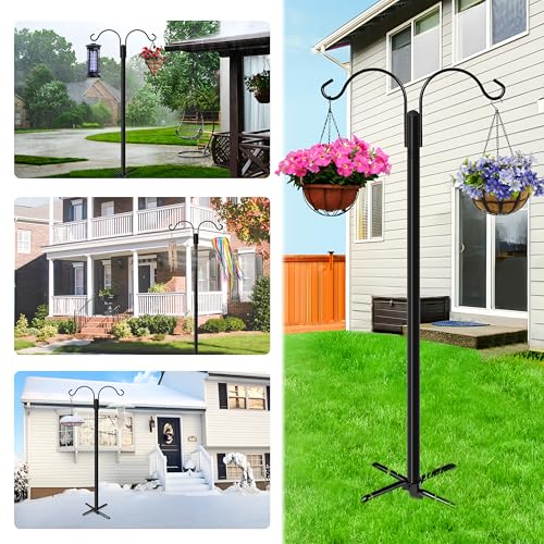 XDW-GIFTS Double Shepherds Hooks for Outdoor, 2-Pack Heavy Duty Garden Pole for Hanging Bird Feeder, Plant Baskets, Solar Light Lanterns, Garden Plant Hanger Stands with 5 Base Prongs