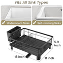 SNTD Dish Drying Rack - Space-Saving Dish Rack for Kitchen Counter, Stainless Steel Dish Drainer with Utensil Holder and Drainboard, 11" W x 15" L (Black)