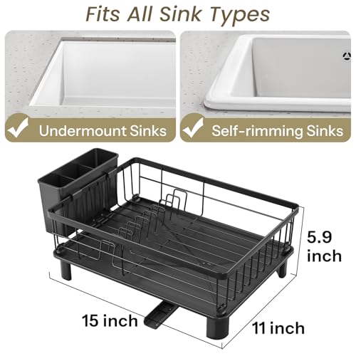 SNTD Dish Drying Rack - Space-Saving Dish Rack for Kitchen Counter, Stainless Steel Dish Drainer with Utensil Holder and Drainboard, 11" W x 15" L (Black)