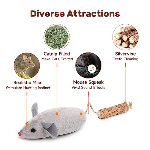 Potaroma Cat Toys: 3pcs Squeak Mice Interactive Catnip Silvervine Animals for Indoor Kittens - Dental Matatabi Cat Nip & Chew Exercise Toy for All Breeds & Species