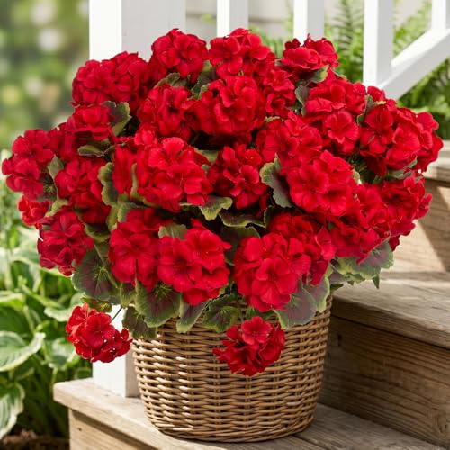 lovemoon 8 Pcs Artificial Geranium Plant Realistic Silk Flowers for Outside UV Resistant Faux Geraniums Flowers for Indoor Outdoor Home Garden Office Decoration (8, Red)