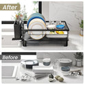 SNTD Dish Drying Rack - Space-Saving Dish Rack for Kitchen Counter, Stainless Steel Dish Drainer with Utensil Holder and Drainboard, 11" W x 15" L (Black)