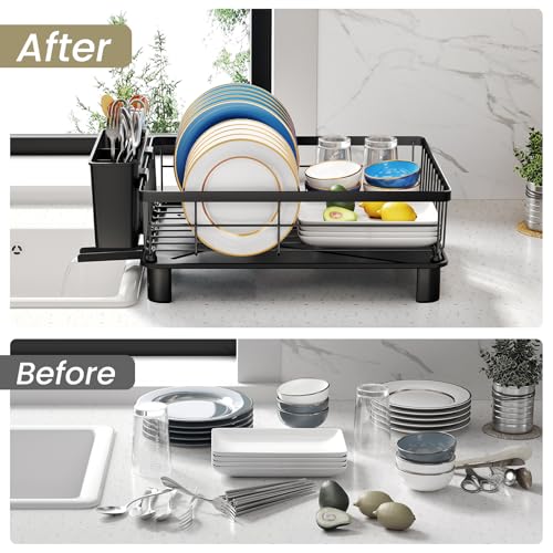 SNTD Dish Drying Rack - Space-Saving Dish Rack for Kitchen Counter, Stainless Steel Dish Drainer with Utensil Holder and Drainboard, 11" W x 15" L (Black)