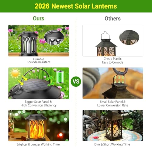 KOOPER 4 Pack Solar Lantern Outdoor Lights, Upgraded Flickering Flame Solar Lanterns Lights Outdoor Waterproof, Hanging Lantern Decorative, Solar Powered Lanterns for Yard Patio Path Tree Garden Decor