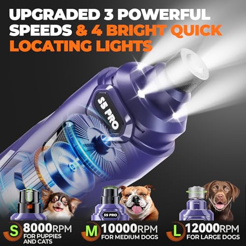 Whisper Quiet Dog Nail Grinder with 4 LED Lights, Safe & Stress-Free for Sensitive Dogs Cats of All Breeds & Sizes, 3 Grinding Bits, 3-Speed, Pet Nail Trimmers, Rechargeable Painless Grooming Kit Blue