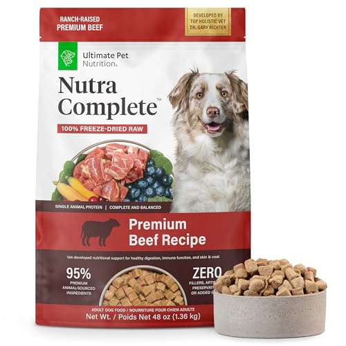 ULTIMATE PET NUTRITION Nutra Complete Freeze Dried Raw Dog Food, Veterinarian Formulated with Antioxidants, Prebiotics & Amino Acids (3 Pound, Beef)