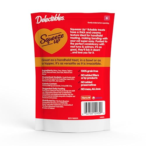 Delectables Squeeze Up Creamy Squeezable Puree, Lickable Wet Cat Treats, Grain Free, No Added Fillers, No By-Products, No Added Preservatives, 0.5 Ounces Tuna & Salmon, 32 Tubes Total