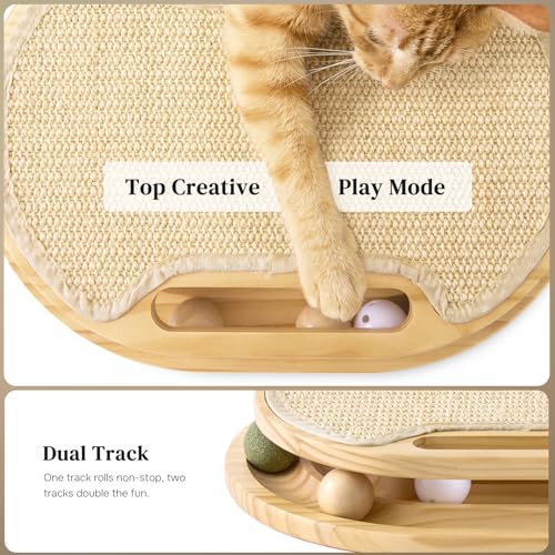 ZOMISIA Cat Scratcher with Ball Track Toy, Sisal Scratch Pad for Indoor Adult Cats, Wooden Interactive Cat Puzzle Toys for Kitten Mental Stimulation Self Play Home Enrichment