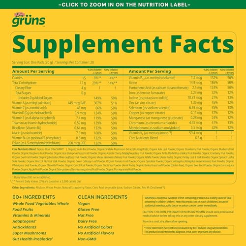 Gruns Multivitamin for Kids, Super Greens Gummies, Superfood Gummy Bears with 20+ Vitamins & Minerals, Spirulina, Chlorella, Alfalfa, Prebiotics Fiber for Digestive Health, Adaptogens Supplement, 28ct