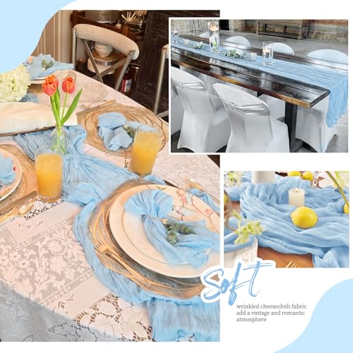 12 Pack Baby Blue Cheesecloth Table Runner 17x108 Inch Semi Sheer Boho Gauze Cheese Cloth Fabric Table Runners, for Wedding Party Baby Shower Birthday Home Decor Garden Farmhouse