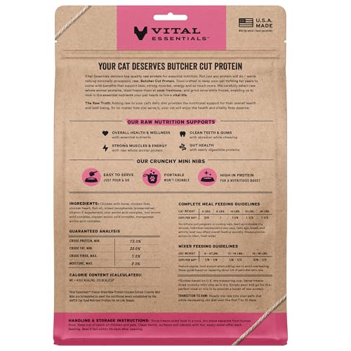 Vital Essentials Freeze Dried Cat Food, Raw Chicken Crunchy Mini Nibs | Complete Meal or Topper | 96% Chicken, Organs & Bone | Limited Ingredient, High Protein, Grain Free Dry Cat Food | 12 oz Bag