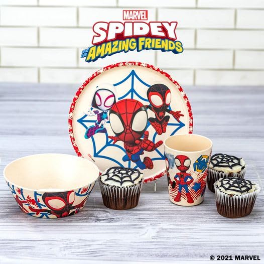 Zak Designs Marvel Spider-Man Dinnerware Set for Kids Includes 8" Plate, 6" Bowl, and 10oz Tumbler, Durable and Sustainable Melamine Bamboo Material (3-Piece Set, Spidey and His Amazing Friends)