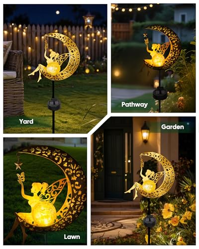 Vuees Solar Fairy Moon Garden Stake Light, Outdoor Yard Patio Decor Gift | Auto dusk glow; no wiring; rust-resistant metal; warm patterned reflections; pathway, lawn and backyard accent