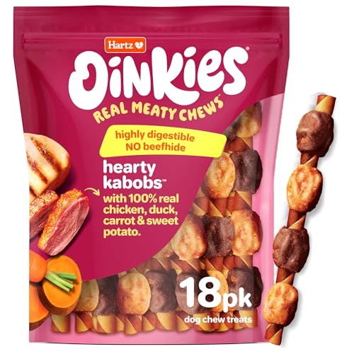 Hartz Oinkies Hearty Kabobs Rawhide‑Free Dog Treats, High‑Protein, Long‑Lasting Highly Digestible Chews Made with Real Chicken, Duck, Sweet Potato & Carrot, 18 Count