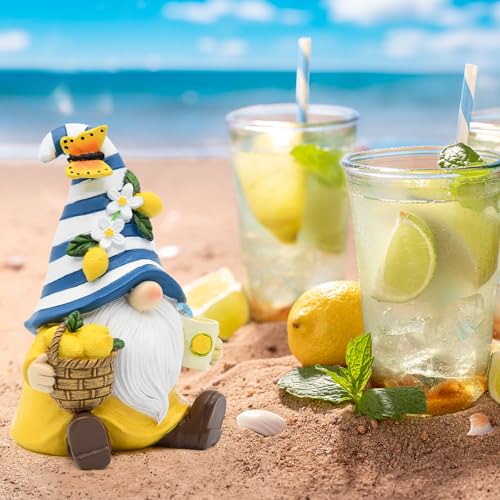 Lemon Decor Summer Garden Gnome Resin Figurines | Mediterranean Lemon Party Decoration for Home Kitchen Office Table Tiered Tray Summer Gnomes Gifts