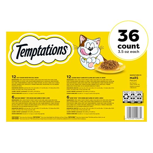 Temptations Bites in Gravy Adult Wet Cat Food Tasty Chicken Entree, Seafood Medley, Backyard Cookout, and Catnip Fever, 3.5 oz. Trays (36 Count, Pack of 1)