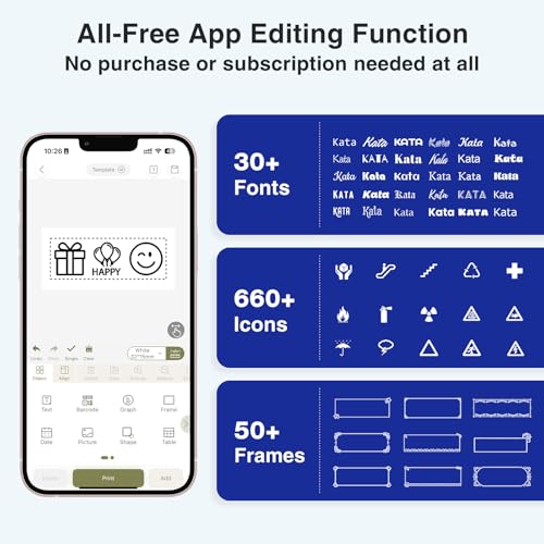 SUPVAN E11 Bluetooth Label Maker Machine with 4 Tapes, Support Keyboard & App with 30+ Fonts and 660+ Icons, Rechargeable Inkless Labeler for Home, Kitchen, Office, School, Organization, Black