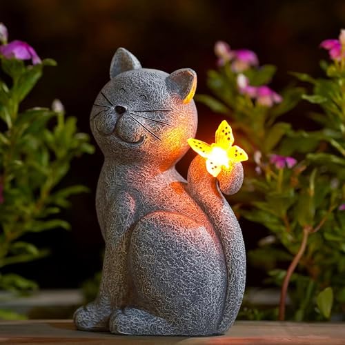 Cat Outdoor Statues for Garden with Solar Butterfly | IP65 Waterproof,Outside Decor, Yard Art Lawn Ornaments, Porch Patio Balcony Home House, Gifts for Mom Grandma Women