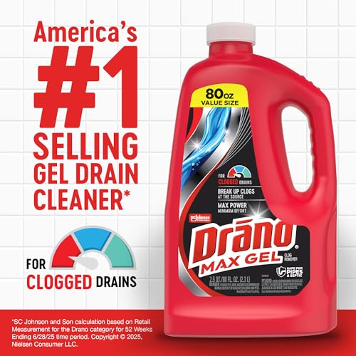 Drano Max Gel Drain Clog Remover & Cleaner, Fast-Acting to Unclog Standing Water & Remove Hair, Grease & Food Blockages, Safe for all Pipes & Septic, Kitchen Sinks, Bathroom Showers, 80 Oz, 2 Pack