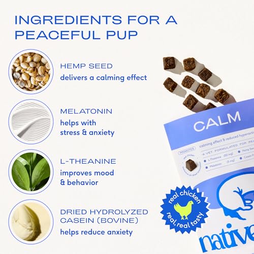 Native Pet Calming Chews for Dogs - Promotes Calming Effect, Supports Emotional Balance & Reduces Hyperactivity - Hemp Seed, Melatonin for Dogs, L-Theanine & Casein - 30 Chews