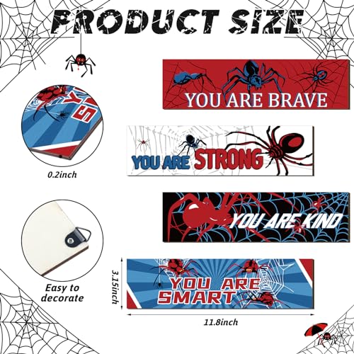 Geetery 4 Pcs Spider Room Decor Bedroom Boys Wall Decor Inspirational Wall Decoration Wooden Art Prints for Boys Kids Children Home Indoor Decoration Toddler Room Sign Birthday Gifts