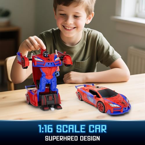 Qumcou Spider Toys, One-Button Transform Superhero Remote Control Car, 2.4Ghz RC Cars, 360° Spin 1:16 Scale Car Toys, Shining Red and Blue Light, Birthday Gifts for 3 4 5 6 7 8 9 10 Years Old Boys