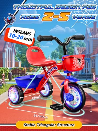 Tricycle for Toddlers 1-3 3-5 Year Olds, Spider Toddler Bike Baby Balance Bike with Colorful Lighting Wheels & Large Basket, Birthday Gift and Toy for 1 2 3 4 5 Year Olds Boys and Girls