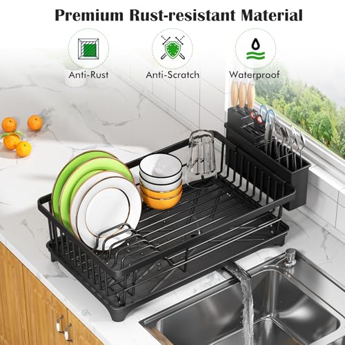 Kmiectse Dish Drying Rack - Space-Saving Small Dish Rack for Kitchen Counter, Rust-Resistant Kitchen Drying Rack, Compact Dish Drainer Organizer with Utensil Holder for Home Kitchen, Black