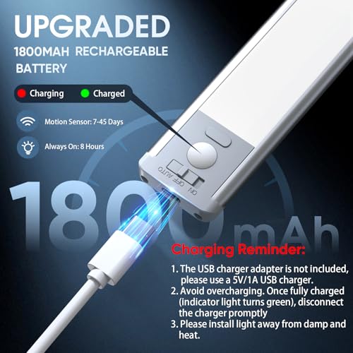 MCGOR 10inch Under Cabinet Lighting, 2 Pack Rechargeable Motion Sensor Light Indoor, 5 Levels Dimmable Magnetic Closet Lights, Wireless Under Counter Lights for Kitchen, Stairs