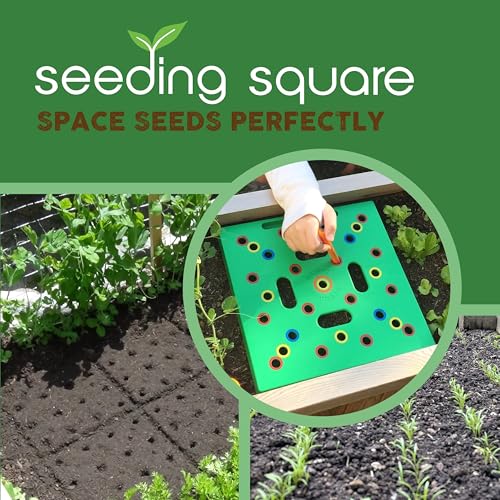 Seeding Square - Patented Seed and Seedling Spacer Tool for Bigger Harvests, Organized Plants & Fewer Weeds – Color-Coded Gardening Template with Dibber, Seed Spoon, Ruler & Planting Guide