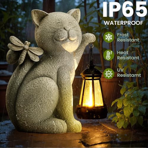 Solar Garden Outdoor Statues Cat with Solar Lantern,Outdoor Cat Figurines Decorations,Lawn Home Decor for Patio, Balcony, Yard Ornament,Unique Housewarming and Birthdays Gifts for Mom Women Grandma