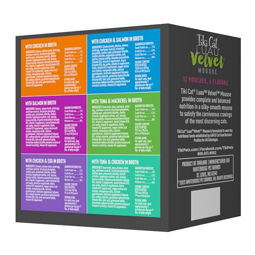 Tiki Cat Velvet Mousse, Protein Blend in Broth Variety Pack, Complete Nutrition for Balanced Diet, Wet Cat Food For All Life Stages, 2.8 oz. Pouch (Pack of 12)