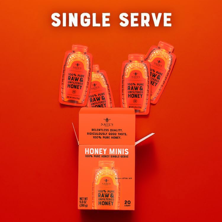 Nate's Honey Minis - Single-Serve 100% Pure, Raw & Unfiltered Honey - Holiday Stocking Stuffers - 0.49oz Packets, 20ct box